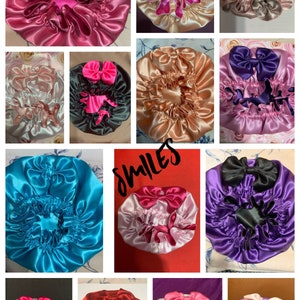May include: A collage of satin bonnets in various colors, including pink, gold, teal, and purple. Each bonnet features a matching bow and ruffled trim. The bonnets are designed for hair protection and styling.
