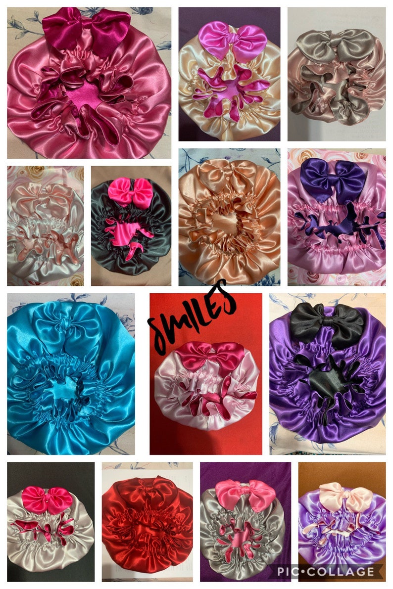 May include: A collage of satin bonnets in various colors, including pink, gold, teal, and purple. Each bonnet features a matching bow and ruffled trim. The bonnets are designed for hair protection and styling.