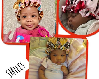 Satin Bonnets baby girls (Preemie & UP* "Shipped Everywhere" (60 rare cartoon fabric). Protect their natural-curly hair WITH adjustable band