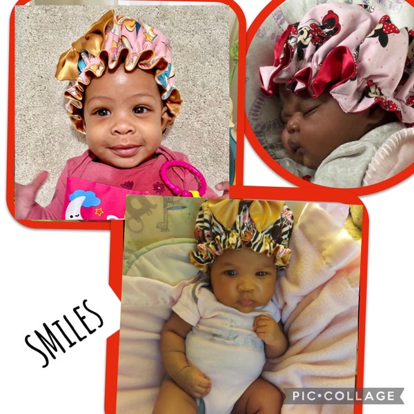 Satin Bonnets baby girls (Preemie & UP* "Shipped Everywhere" (60 rare cartoon fabric). Protect their natural-curly hair WITH adjustable band