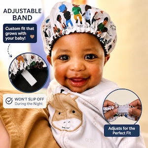 May include: A white baby bonnet with a colorful print of cartoon figures. The bonnet has an adjustable band for a custom fit. The text on the image says "Custom fit that grows with your baby!" and "WON'T SLIP OFF During the Night".