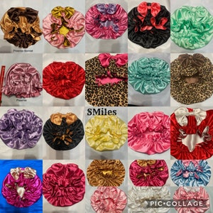 May include: A collage of satin bonnets in various colors, including brown, pink, red, black, and green. Each bonnet features a bow and a gathered design. Some bonnets have the word "Preemie" or "SMiles" printed on them.