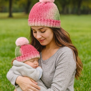 Pink and green (AKA colors)  beanie with  pom-poms “Shipped Everywhere"  . Ready to ship sizes 0/3 newborn