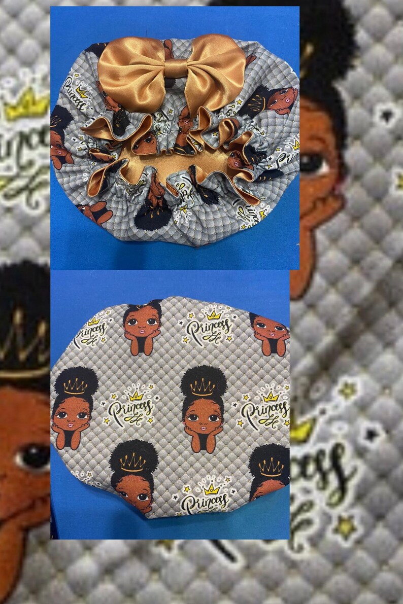 May include: Two satin bonnets. One is gray with a pattern of black-haired girls and the word "Princess". The other bonnet has a gold bow and trim. Both bonnets are designed for hair protection and styling.