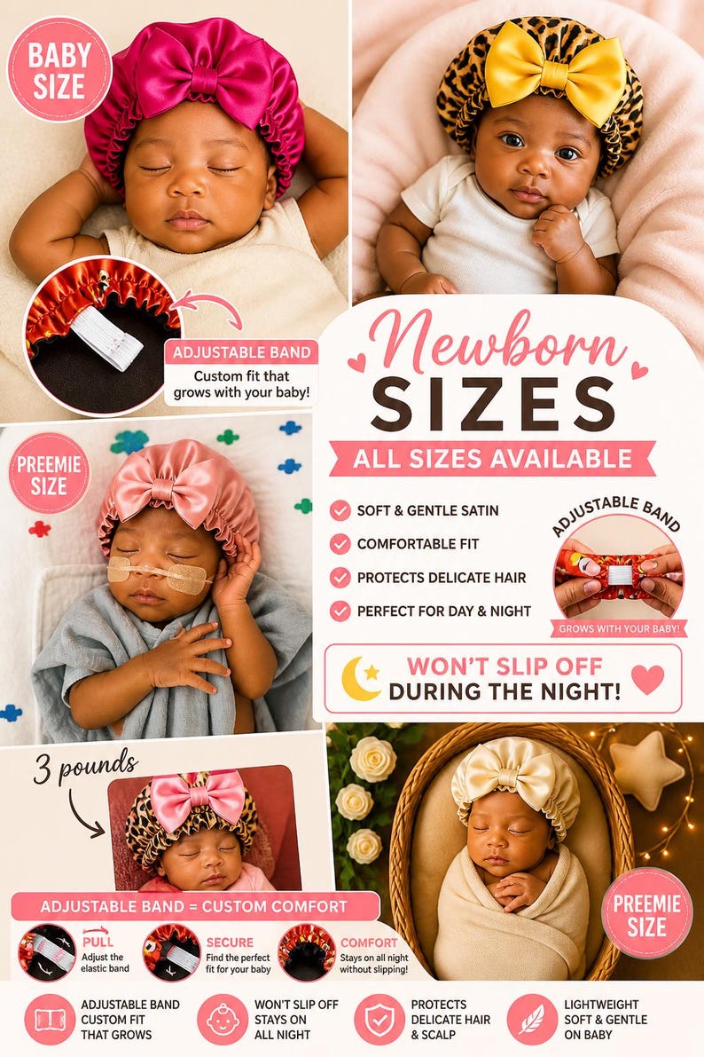 May include: Newborn satin bonnets in various colors and patterns, including pink, leopard print, and cream. Features include adjustable bands for a custom fit, designed to protect delicate hair. The text says "Newborn Sizes, All Sizes Available".