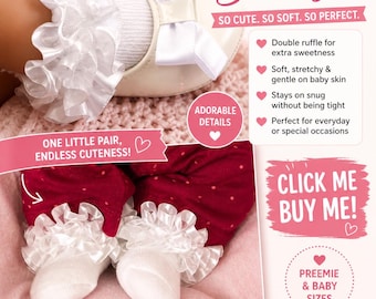 May include: White and red baby socks with double ruffles and a bow. The socks have the text "DOUBLE RUFFLE Socks" and "ONE LITTLE PAIR, ENDLESS CUTENESS!". The socks are designed for preemie and baby sizes.