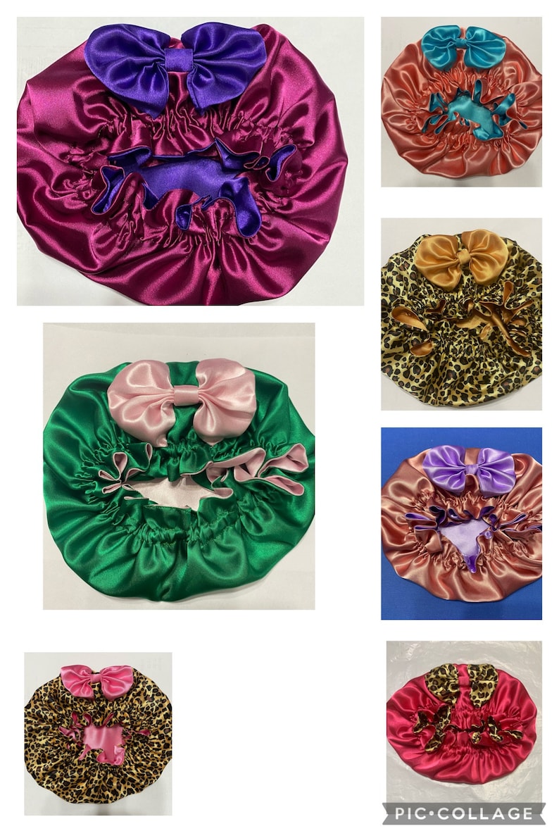 May include: A collage of satin bonnets in various colors, including fuchsia, teal, green, and leopard print. Each bonnet features a contrasting bow and a gathered edge. The bonnets are designed for hair protection and styling.