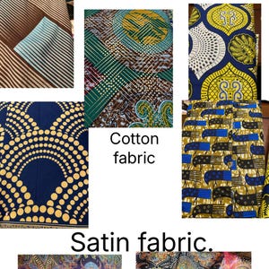 May include: Image showcasing various African print fabrics. The image includes cotton and satin fabrics with diverse patterns, including geometric shapes, dots, and paisley designs. The text "New African prints" and "Cotton fabric" and "Satin fabric" are visible.