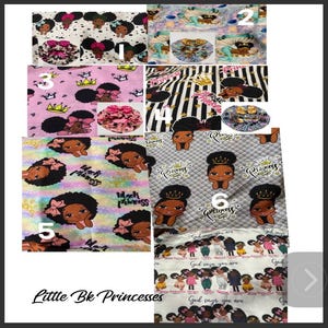 May include: Assortment of fabric patterns featuring illustrations of Black princesses with crowns and bows. The fabrics are in various colors, including pink, white, and black, with the text "Little Bk Princesses".