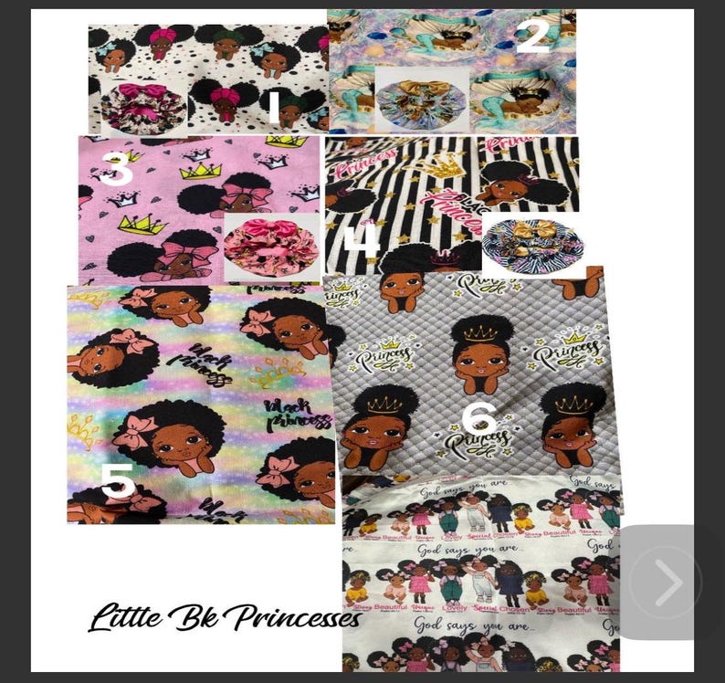 May include: Assortment of fabric patterns featuring illustrations of Black princesses with crowns and bows. The fabrics are in various colors, including pink, white, and black, with the text "Little Bk Princesses".