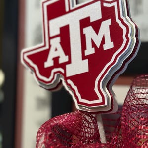 Puede incluir: Decoración en forma de Texas roja y blanca en capas con las letras "A" y "M" en blanco. La decoración está sobre un palito blanco y rodeada de malla roja.