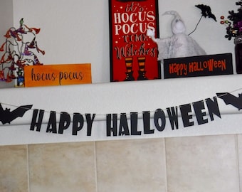 Happy Halloween Decorations - Black Bat Banner - Fall Decor - Spooky Banner - Halloween Party Banner - Free Shipping Halloween Decor - Bats