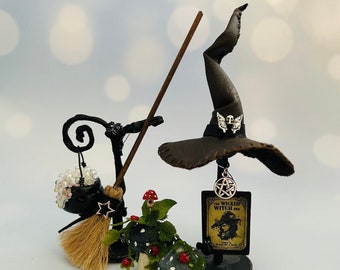 Witchy Trifecta: Handmade Hat, Cauldron, and Broom Miniature Set- Miniatures for Witchcraft & Pagan Altar Decor.
