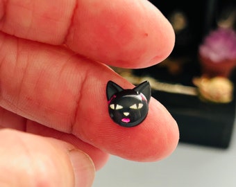 12 pcs micro tiny black cat head.  Mini Kawaii cartoon flat back resin cat head.