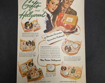 1940er Jahre Max Faktor Hollywood Ad Geschenke Make-up-Sets für Blonde Frauen Rothaarige