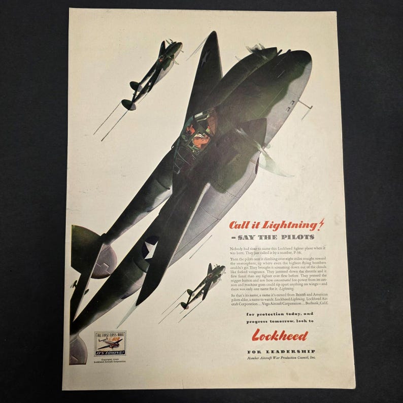 WWII Lockheed P-38 Lightning Fighter Plane Ad – “call It Lightning ...