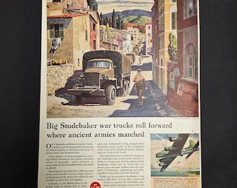 Anzeige für Studebaker-Kriegslastwagen aus dem Zweiten Weltkrieg im Life Magazine – 1944 – Militärtransport