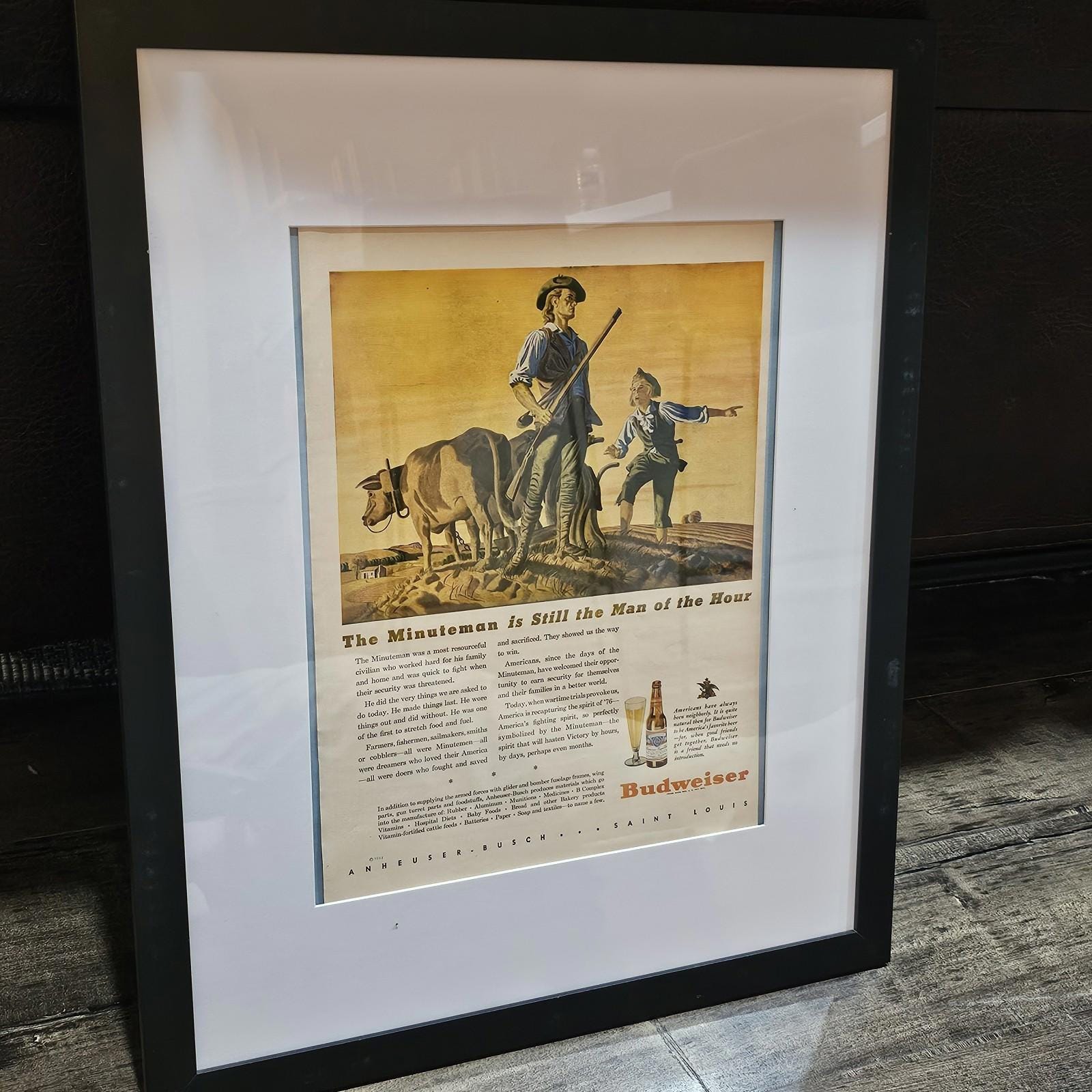 Vintage 1940s Budweiser “minuteman” Framed Ad – Patriotic WWII 
