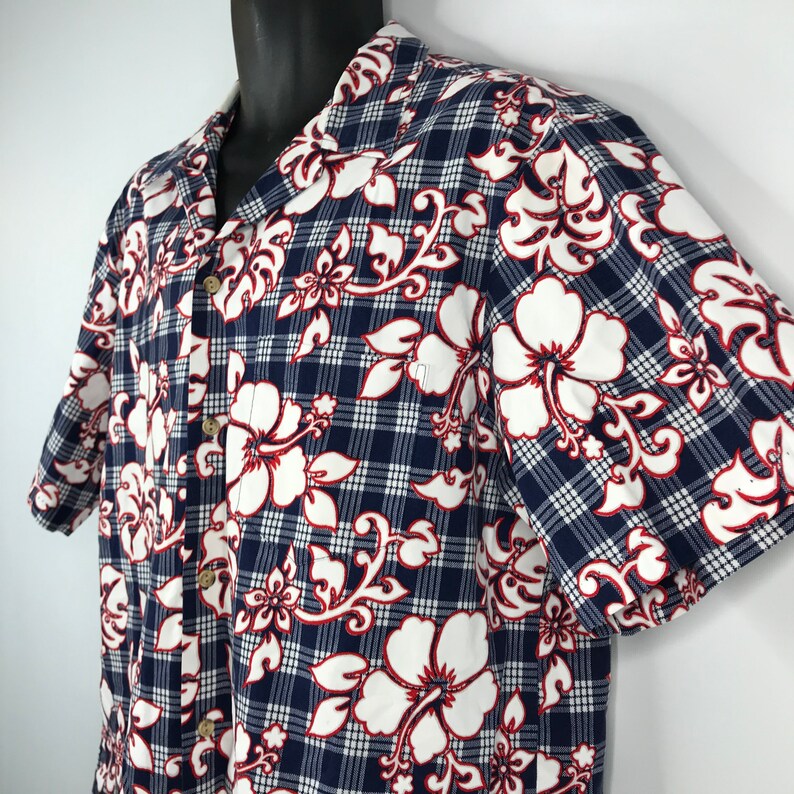 Vintage 90s RJC Red White Blue Plaid Floral Hibiscus Hawaiian Shirt Size XL