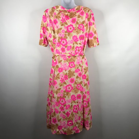 True Vintage 50s Beige Brown Pink Floral Belted D… - image 5