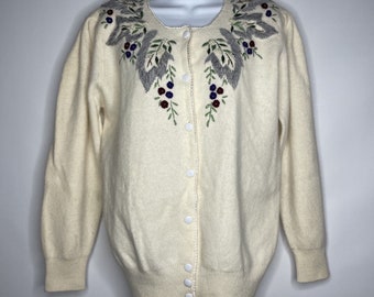 Vintage 80s Ivory Floral Embroidered Beaded Fuzzy Cardigan Sweater Size L