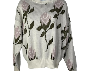 Vintage 80s Major Motion Rose Sweater Size M White Lavender Needlepoint Knit