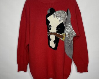 Vintage 80s Eminent Red Sequined Beaded Horse Lambswool Jumper Sweater Size M