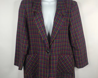 Vintage 80s Blair Single Breasted Rainbow Houndstooth Wool Blend Blazer Size 12