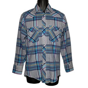 Vintage 80s Rustler Pearl Snap Western Shirt Size M Gray Blue Plaid X-Long Tails