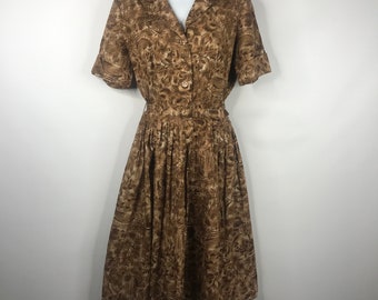 True Vintage 50s Mode O Day Brown Beige Floral Belted Cotton Day Dress Sz 14 Union Made In The USA
