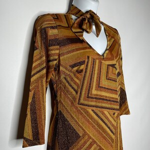 Vintage 90s Does 70s Disco daModa Geometric Brown Gold Glitter Midi Sheath Dress Size S image 4