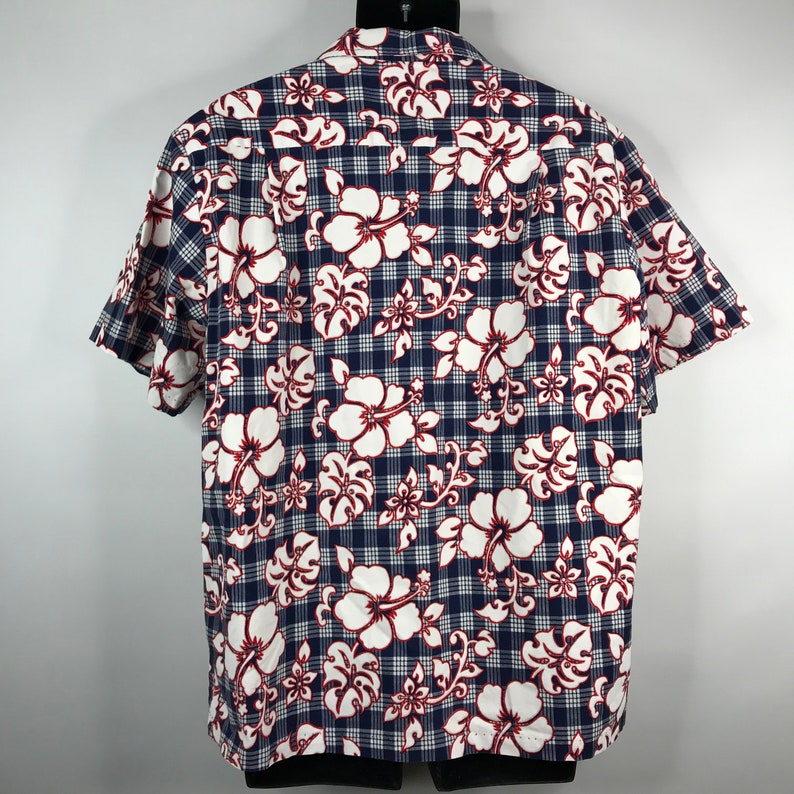 Vintage 90s RJC Red White Blue Plaid Floral Hibiscus Hawaiian Shirt Size XL