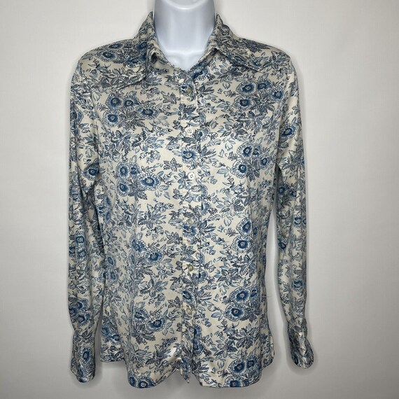 Vintage 70s White Blue Floral Polyester Disco Blo… - image 1