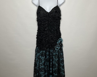 Vintage 80s Flirtations Ruched Black Blue Lace Overlay Prom Party Dress Size 13/14