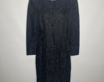 Vintage 90s All That Jazz Black Floral Satin Brocade Coat Dress Size 9/10