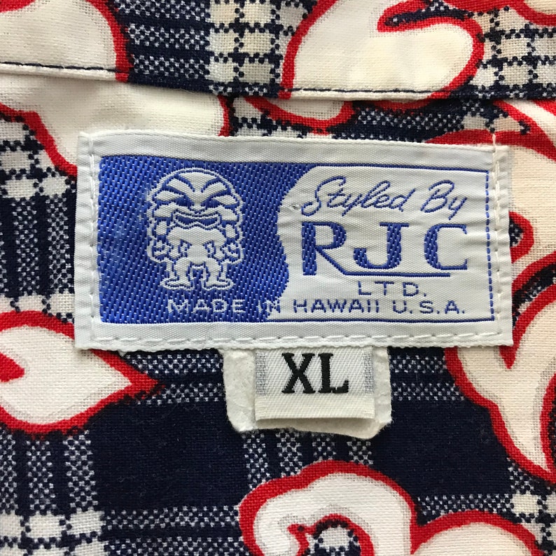 Vintage 90s RJC Red White Blue Plaid Floral Hibiscus Hawaiian Shirt Size XL