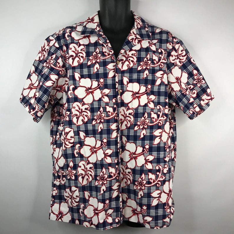 Vintage 90s RJC Red White Blue Plaid Floral Hibiscus Hawaiian Shirt Size XL