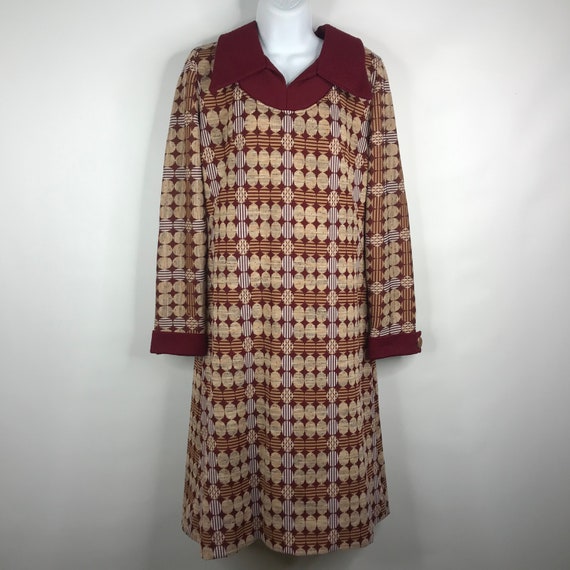 Vintage 60s Mod Burgundy Red Beige Geometric Knit… - image 1