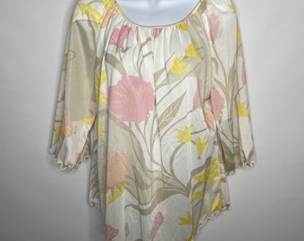 Vintage 70s Vera Neumann Ivory Pastel Pink Yellow Floral Blouse Top Size 12