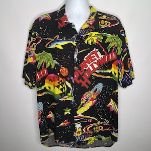 Vintage 90s Planet Hollywood Black Hawaiian Space Print Camp Shirt Size XL