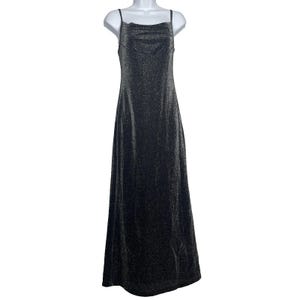 Vintage 90s Abiz Black Silver Metallic Glitter Maxi Dress Gown Size S