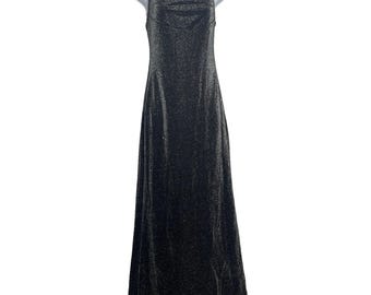 Vintage jaren 90 Abiz zwart zilver metallic glitter maxi jurk maat S