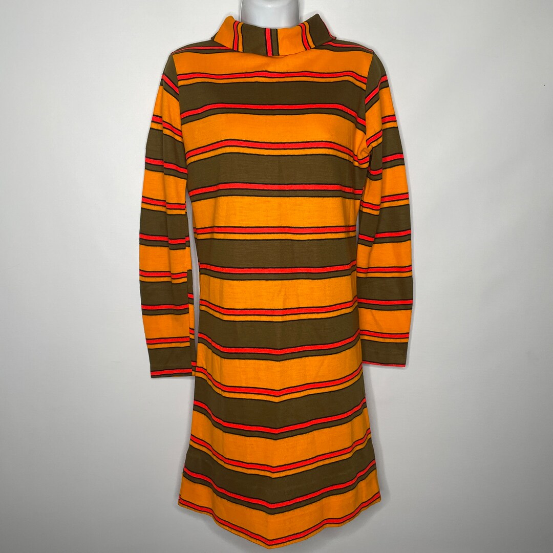 Vintage 60s Mod Alfred Paquette Orange Green Striped Mock Neck Etsy