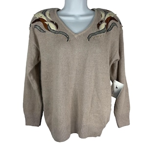 Vintage 80er Jahre Le Chois V-Ausschnitt Pullover Größe M Beige Seide Angora Perlen Nieten Schlange Print Patches