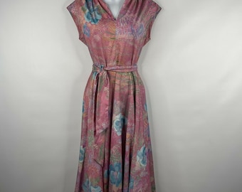 Vintage 70s Pink Blue Watercolor Abstract Floral Belted Fit Flare Disco Dress Size S