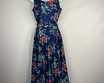 Vintage 70s Blue Floral Sleeveless Belted Pleated Midi Day Dress Size 40 S