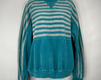 Vintage 80s Jaclyn Smith Sport Turquoise Blue Gray Striped Velour Sweatshirt Size L