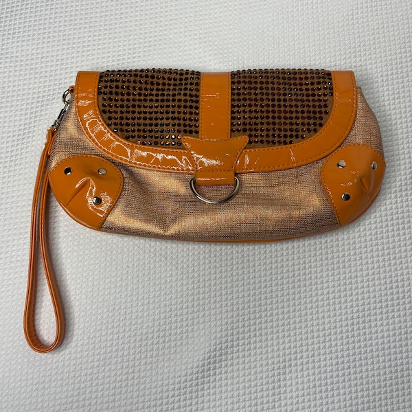 Vintage Deadstock Y2K Express Orange Rhinestone Faux Patent Leather Woven Wristlet Clutch