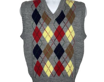 Vintage 80s West Coast Ways Sweater Vest Size L Gray Argyle Classic Preppy