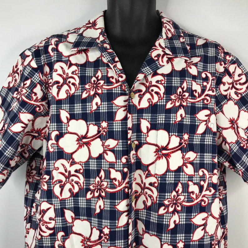 Vintage 90s RJC Red White Blue Plaid Floral Hibiscus Hawaiian Shirt Size XL